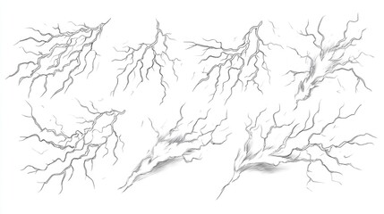 Set of line art drawings featuring comic style manga effects of lightning and thunder isolated on a white background