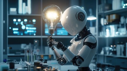 3D cartoon image of a robot with a lightbulb head, holding a magnifying glass, standing in a futuristic lab filled with gadgets, symbolizing science and innovation