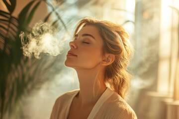 Wall Mural - High-resolution brightly lit photorealistic candid photograph of a beautiful presenter woman in a spa, taking a moment to breathe deeply in a tranquil, softly lit environment. The photograph is