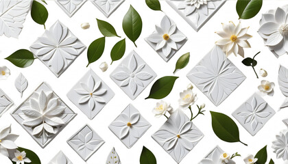 Wall Mural - white banner floral leaves geometric wall tiles texture background panorama 3d texture white leaf leaf three-dimensional floral tile geometric tile background banner panorama wall kitchen soft trend