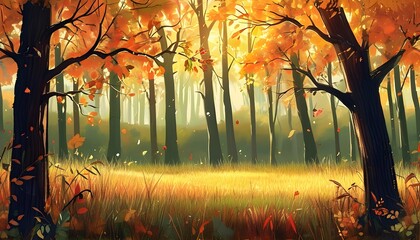 Wall Mural - Autumn forest illustration capturing the essence of seasonal change with vibrant foliage and serene surroundings