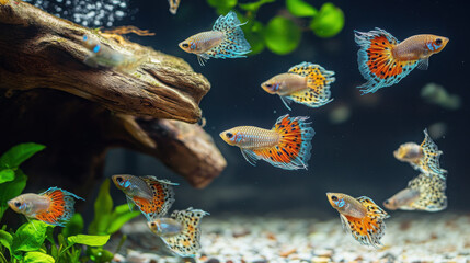 A group of guppy fish in a natural-looking aquarium with driftwood and pebbles