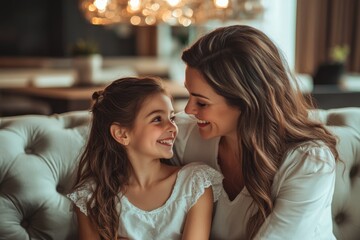 Canvas Print - High-resolution brightly lit photorealistic candid photograph of a mother and daughter sharing smiles on a comfy couch in a stylish living room. The image is styled like a high-end lifestyle