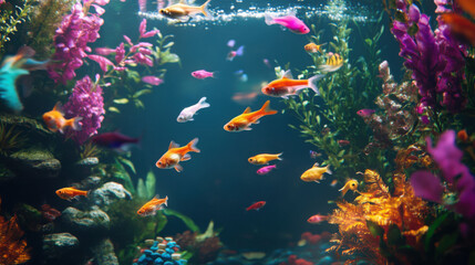 Wall Mural - A vibrant aquarium scene featuring a variety of guppies and underwater decorations