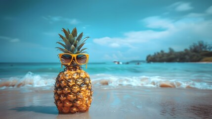 Pineapple with sunglasses on a tropical beach