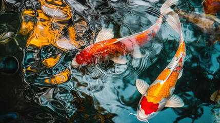 Close-up of vibrant koi fish swimming in crystal-clear water with reflections of trees