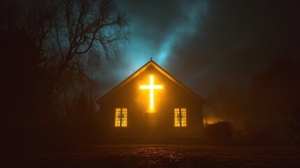 Wall Mural - A church with a cross shining with light from behind, the glow transforming the night into a scene of miraculous wonder.