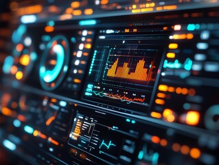 Fototapete - Abstract technological interface with digital displays showing data, charts, and graphs.