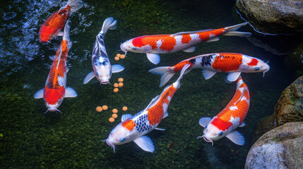 Wall Mural - A group of koi fish feeding on floating pellets in a sunlit garden pond