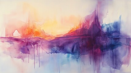 Aufkleber - Abstract watercolor painting of a landscape with purple, orange, and blue hues.