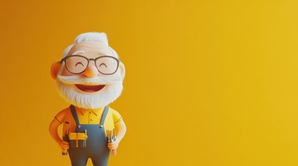 A cheerful cartoon grandfather character with tools, set against a bright yellow background.