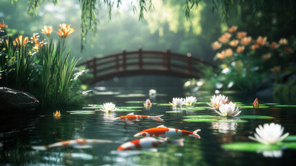 Wall Mural - Koi fish gracefully gliding through a pond with a wooden bridge and blooming water lilies in the background