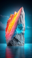 Sticker - A large rock formation illuminated with bright colors stands tall in the water.