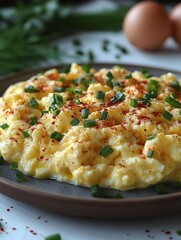 Wall Mural - A plate of scrambled eggs with chives and paprika on a white table, with two whole eggs in the background.