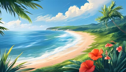 Wall Mural - Vibrant Summer Beachscape Illustration Celebrating Nature and Travel Adventures