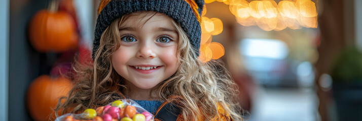 A young girl in a knitted hat smiles while holding a bag of candy.