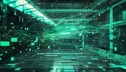 Wall Mural - Futuristic Green Digital Cyberspace with Artistic Touches and Technological Elements