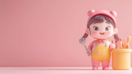 Wall Mural - A cute cartoon girl with tools standing next to a bucket of art supplies in a pink setting.