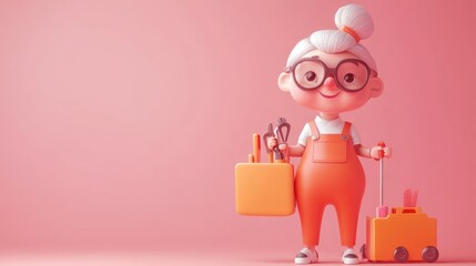 Wall Mural - A cheerful cartoon elderly woman holding art supplies and a suitcase, set against a pink background.