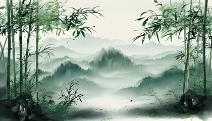 Wall Mural - Abstract ink painting of traditional Chinese mountains, forests, and bamboo, capturing a poetic essence in a serene landscape