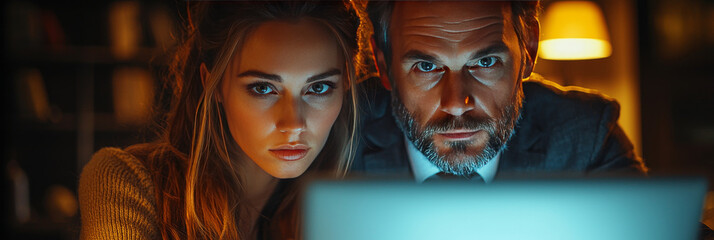 A man and a woman intently look at a laptop screen.