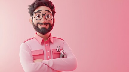 A cheerful animated character with glasses and a beard, dressed in a pink shirt, smiling confidently.