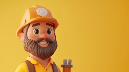 A cheerful cartoon miner with a yellow helmet and shirt, set against a bright background.