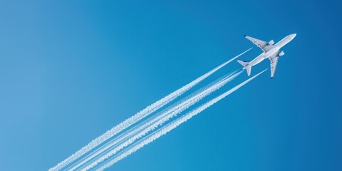 white aircraft flies at distance in clear blue sky with contrails. panoramic view of airplane in fli