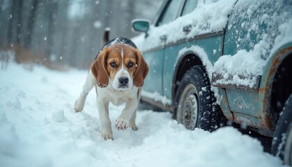 Wall Mural - Beagle Dog Walking in Snow Near Car, Winter Adventure