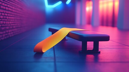 Wall Mural - A black bench in a neon-lit hallway with a yellow ribbon draped over it.