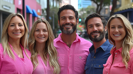 Canvas Print - Four friends smiling for the camera while wearing pink shirts.