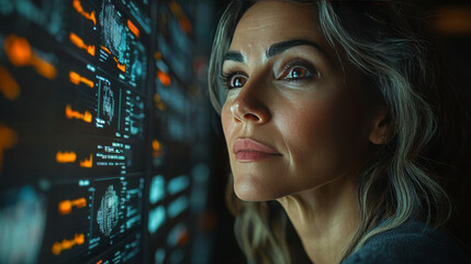 A woman stares intently at a screen filled with data.