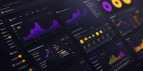 Poster - Close up of a computer screen with graphs and charts in dark mode, showing financial data.