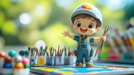 A cheerful cartoon boy holding a paintbrush in an art studio filled with colorful supplies.