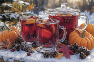 A glass pitcher of red wine is surrounded by three cups of wine