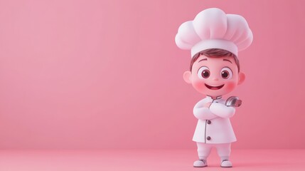 A cheerful cartoon chef character in a white uniform stands against a pink background.