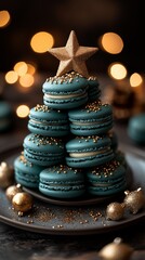 Christmas tree made of macarons, in color of blue and gold, with a star on top, on a dark background