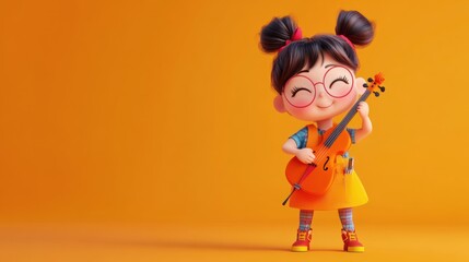 A cheerful cartoon girl playing a violin against a bright orange background.