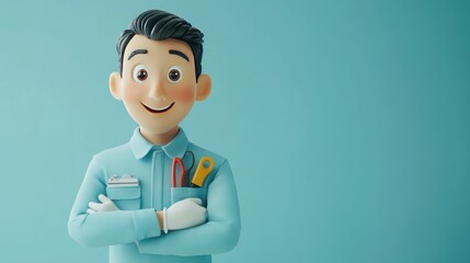 A cheerful cartoon character in a work uniform, holding tools, symbolizes a service profession.