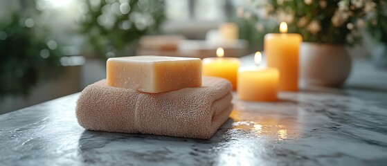 A bar of soap and a towel rest on a marble surface with burning candles,  soft light, and a blurred background.