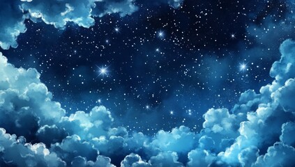 a whimsical watercolor pattern featuring clouds in varying shades of blue.