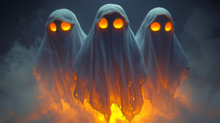 Wall Mural - Three ghostly figures with glowing eyes stand in a cloud of smoke.