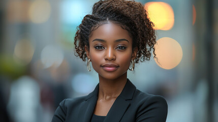 Wall Mural - Young Black woman in a business suit looks confidently into the camera.