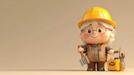 Wall Mural - A cheerful cartoon character in a hard hat holding a gardening tool, ready for work.