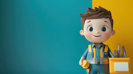 A cheerful cartoon boy in work attire holding tools, set against a colorful background.