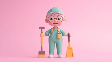 Wall Mural - A cheerful cartoon character in a teal outfit holding gardening tools against a pink background.