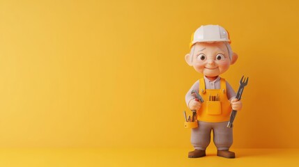 Wall Mural - A cheerful cartoon character with tools, symbolizing construction and craftsmanship.