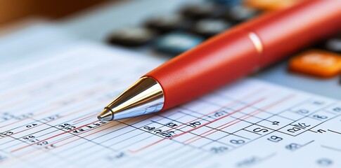 Aufkleber - Closeup of a red pen on a spreadsheet with numbers.