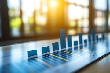 Aufkleber - Closeup of bar graph with yellow and blue lines showing upward trend on paper document against a bright sunny window background.