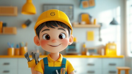 Wall Mural - A cheerful young boy in a workshop, holding tools and smiling, surrounded by a bright, organized space.